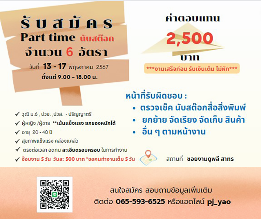 รับสมัครพนักงาน Part Time นับสต๊อก