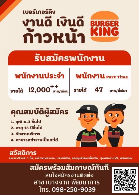 Burger King รับสมัครพนักงาน (5 ตำแหน่ง)