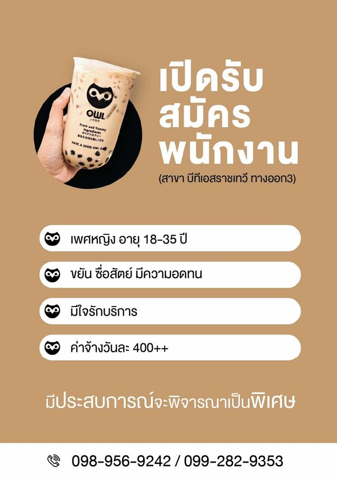 รับสมัครพนักงานร้านชาไข่มุก Owl Cha