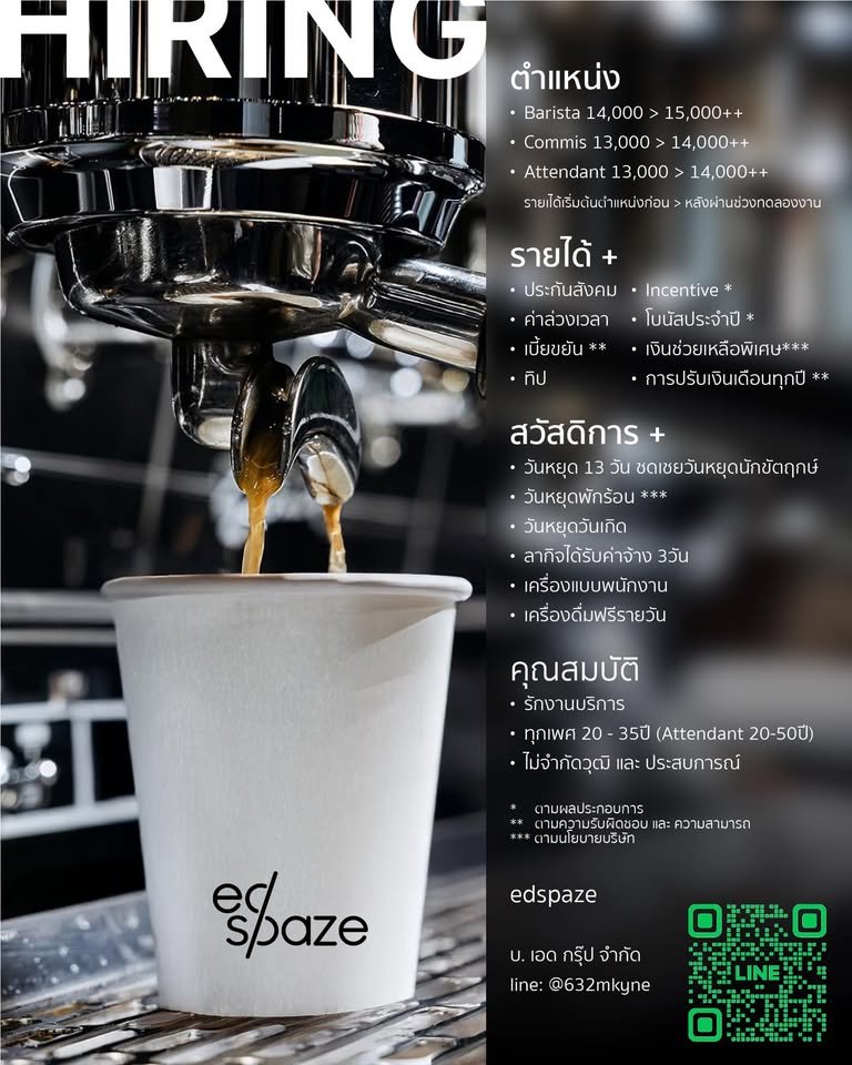 รับสมัครพนักงานร้านกาแฟ edspaze